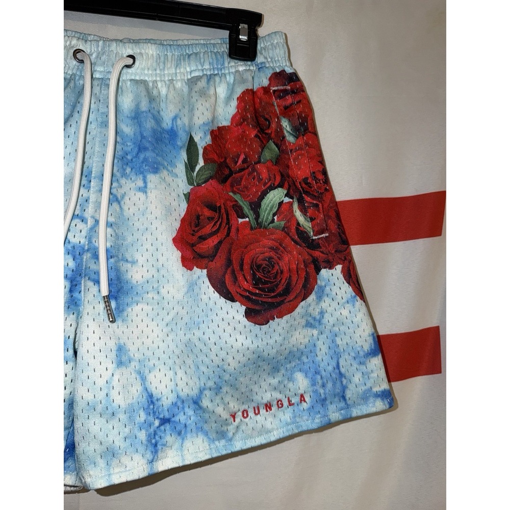 YoungLA Mesh Gym Shorts Mens Medium Blue Roses Floral 4" Weightlifting - Picture 3 of 7